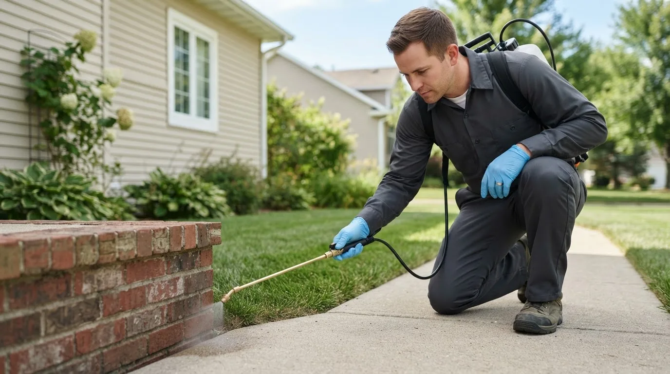 Pest control technician treating a home near Brookeville, MD