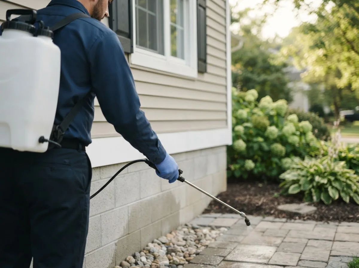 Pest control technician inspecting a home in Brookeville, MD